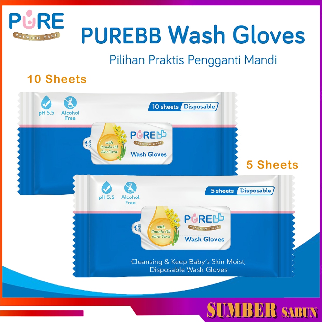 PUREBB Wash Gloves Tisu Mandi Basah Bayi Isi 5 Sheets / 10 Sheets Tisu Basah Bayi