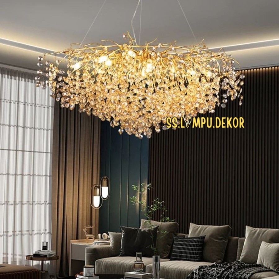 Lampu Gantung Kristal Mewah Ranting Emas Hias ruang tamu ruang keluarga unik