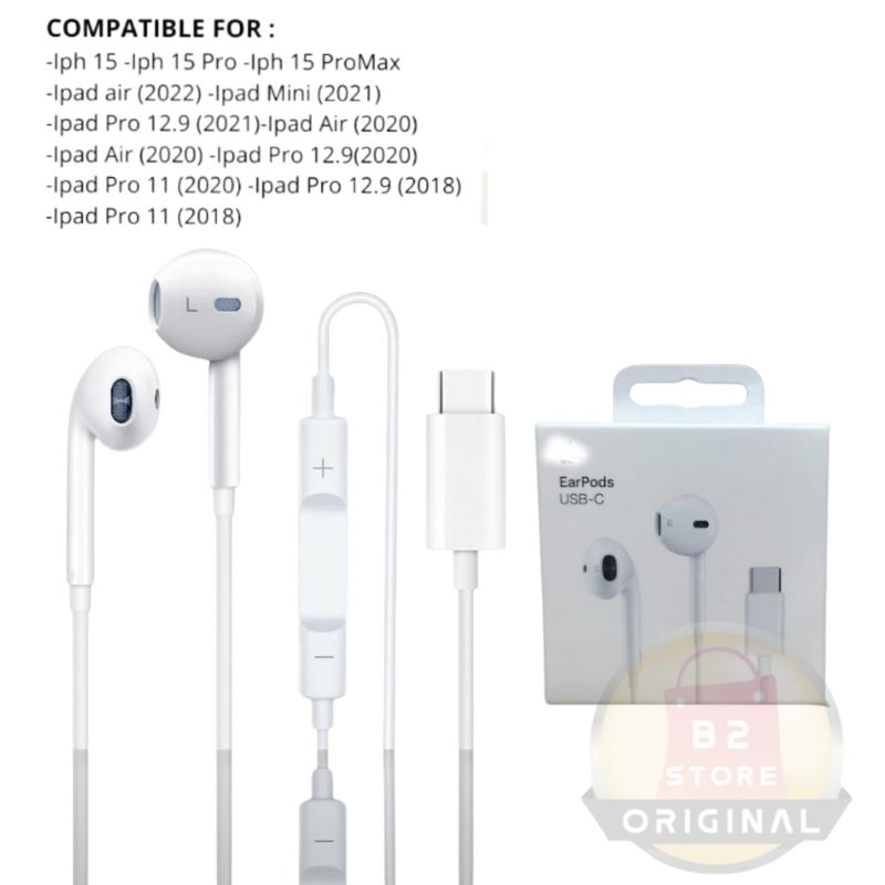 Handsfree Earphone EarPods USB Type-C Headset Kompetible iPh 15 Pro Max - iPad USB-C