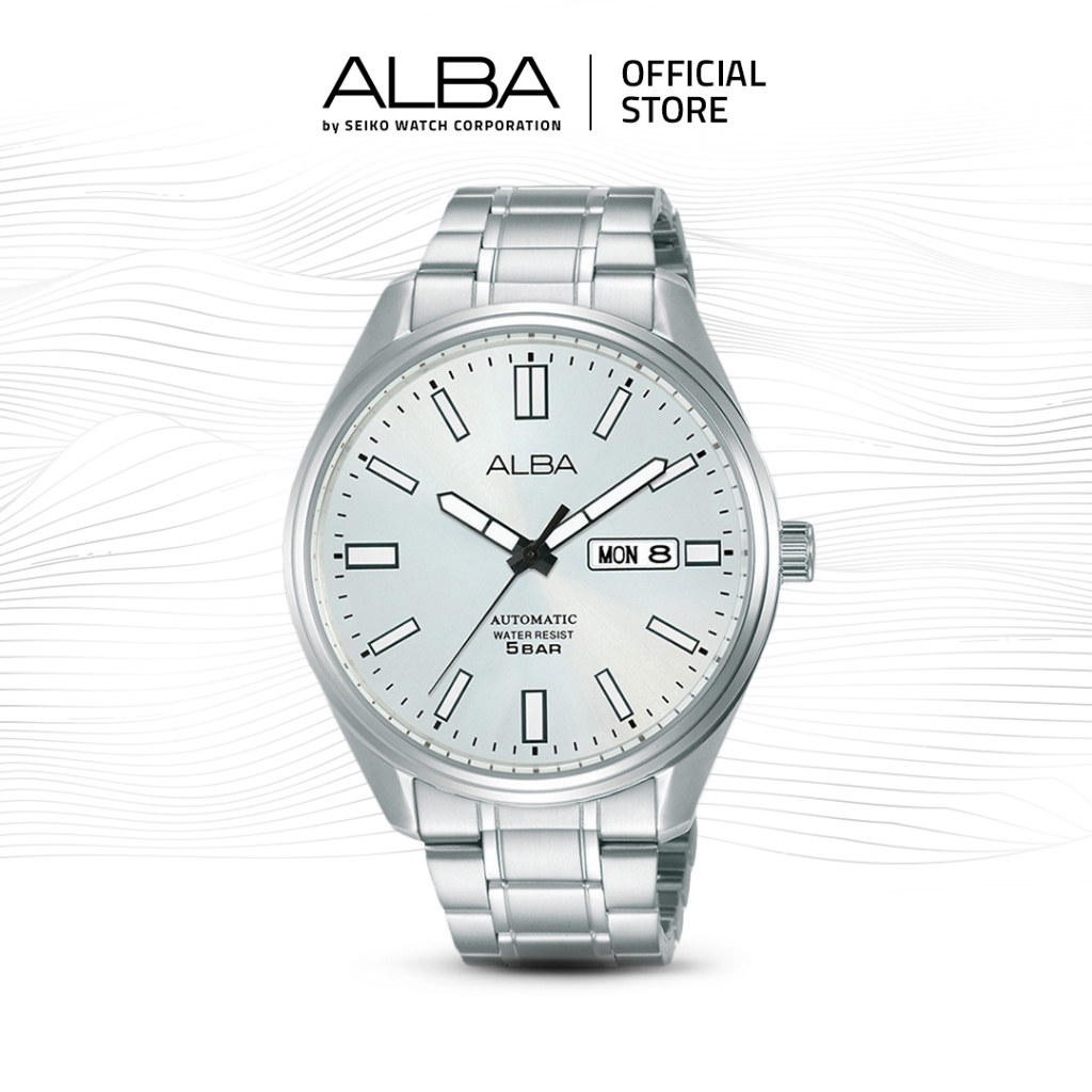 Alba Mechanical Jam Tangan Pria AL4153 / AL4153X1 Automatic Silver White Dial Stainless Steel Strap 