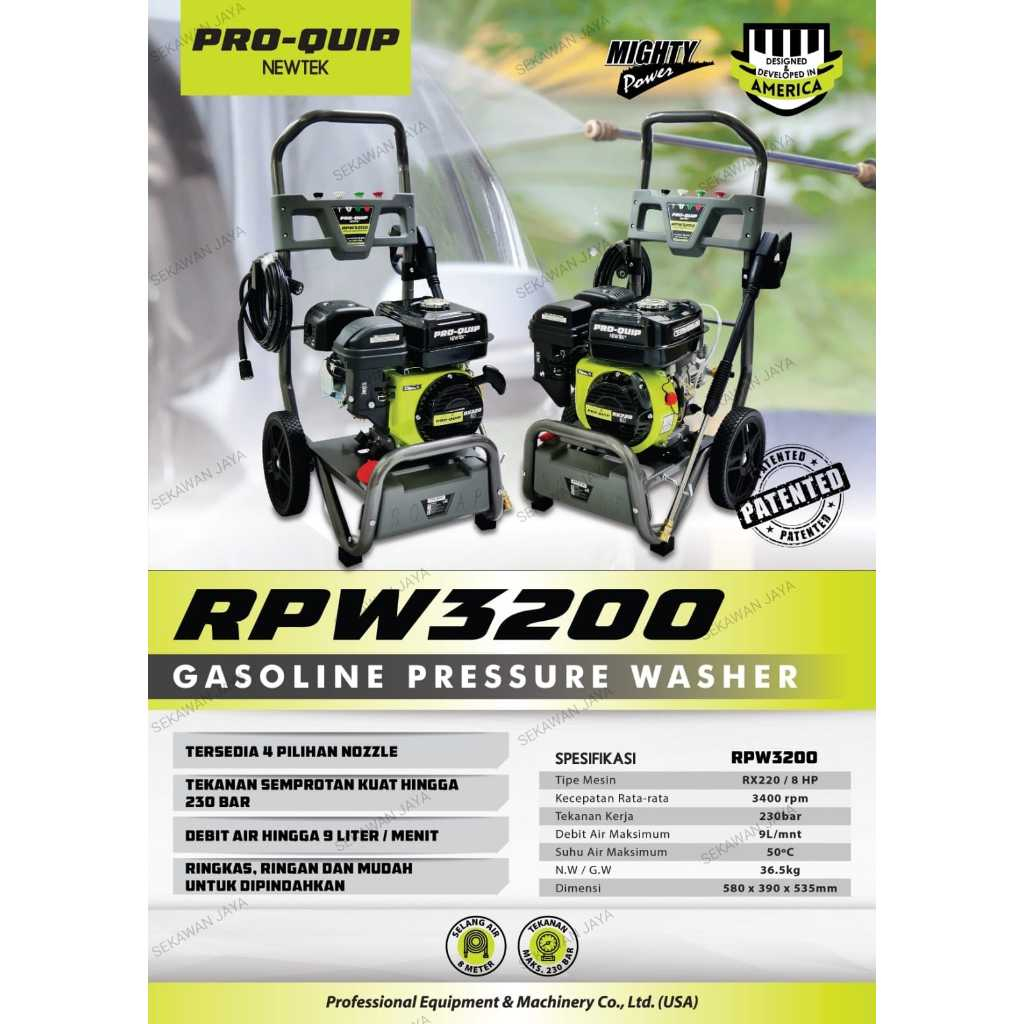 PRO QUIP Jet Cleaner High Pressure Washer 230 Bar Mesin Cuci Steam Tekanan Tinggi Bensin SPW3200 MES