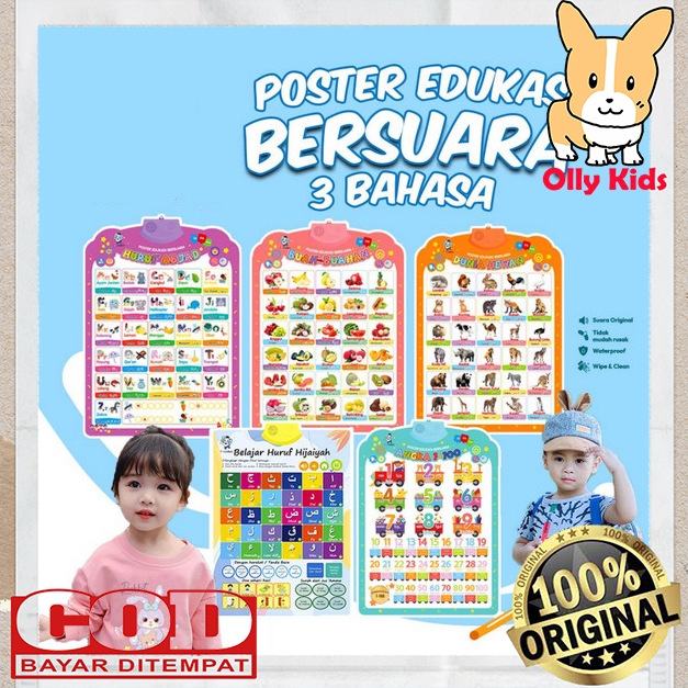 OLLYKIDS Mainan Edukasi Anak Poster Anak Bersuara Bahasa Indonesia Inggris Arab Poster Huruf