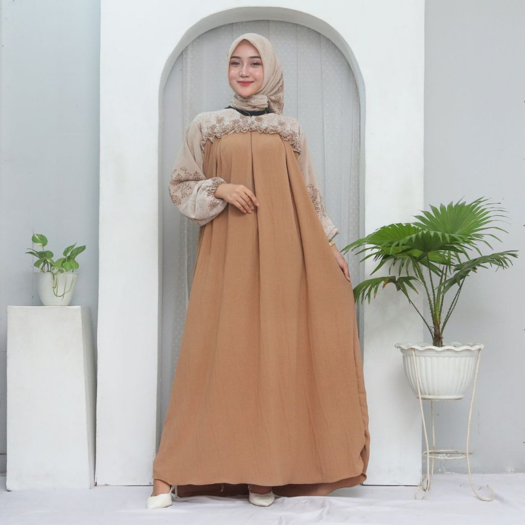 MYDINAH.CO Tasya Dress Gamis Pesta Mewah Elegan Kondangan Bahan Crinkle Airflow Mix Ceruty Print Baj