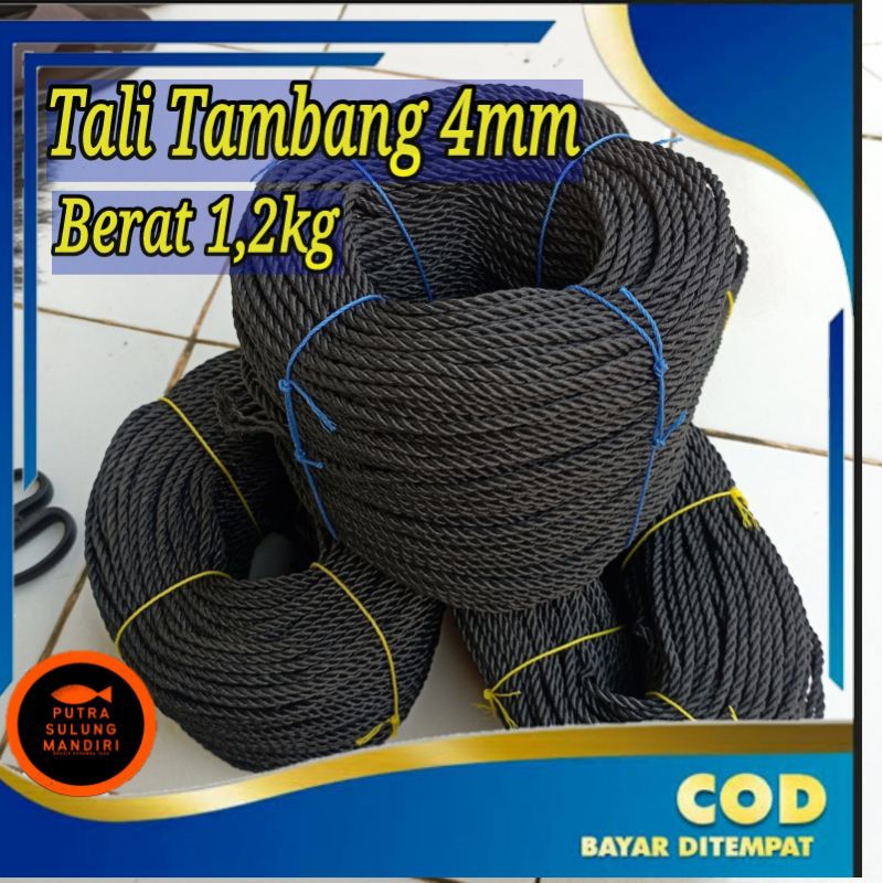 Tali Tambang plastik PE 4mm warna hitam berat 1,2kg kuat tahan lama