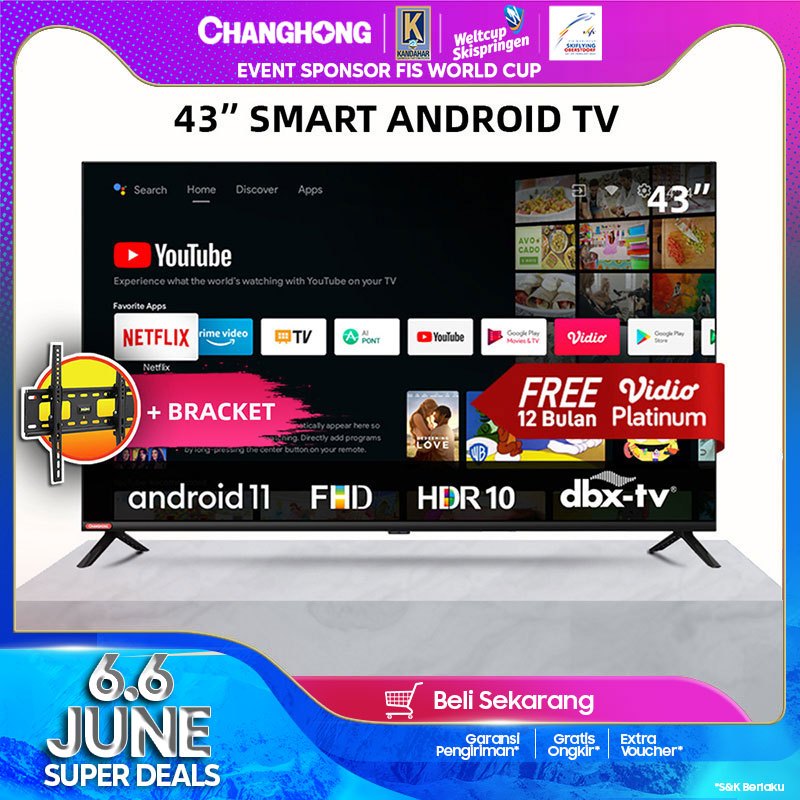Changhong 43 Inch Newest Android 11 Frameless Smart TV Google certified  Digital TV FHD LED TV-L43G7N FREE BRACKET