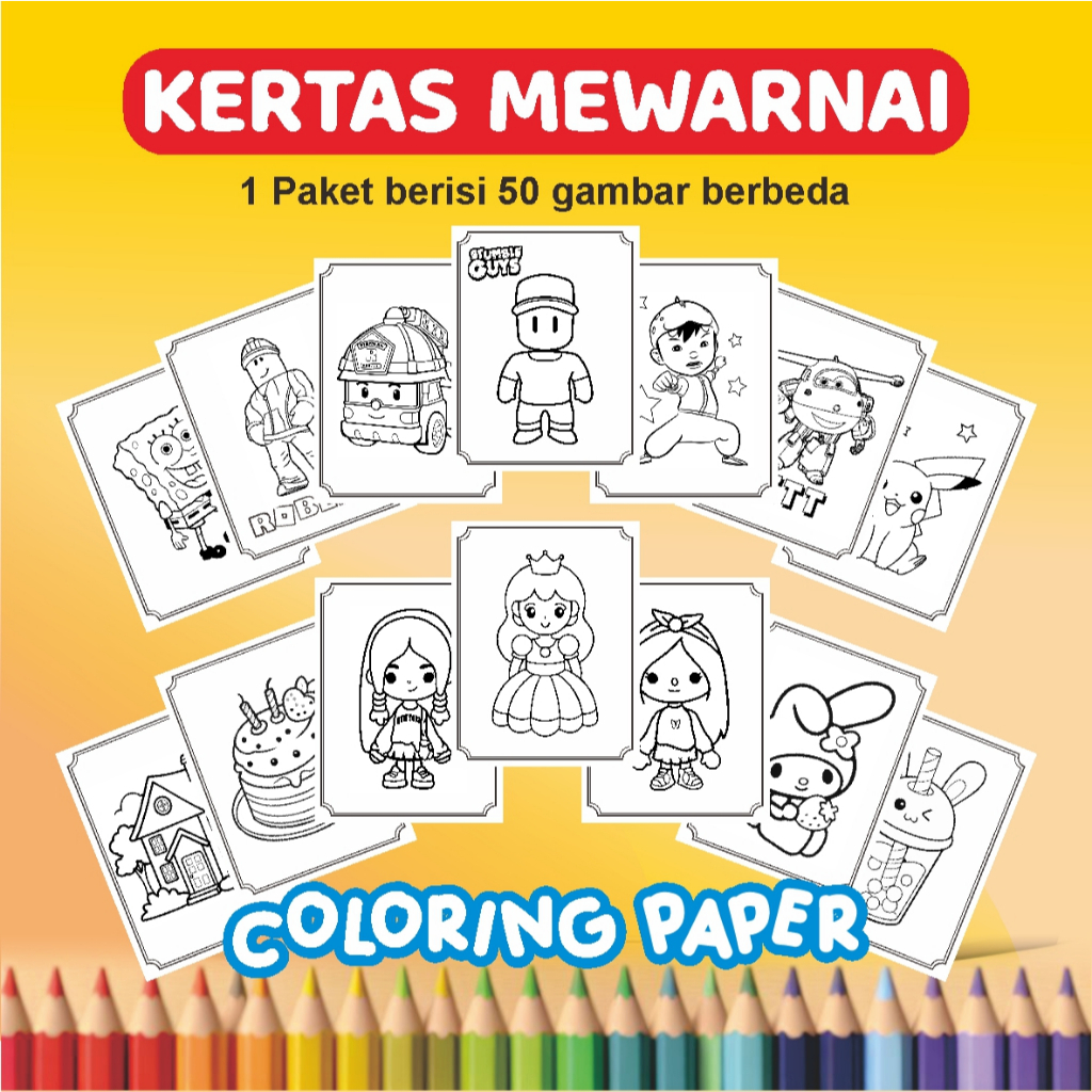 

Lembar Mewarnai Anak Isi 50 lembar - Coloring Page for Kids 50 sheet Different Drawing - Lembar Aktivitas Anak TK Paud - Buku Mewarnai