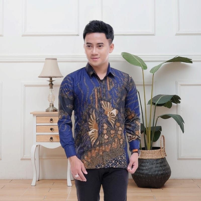 Kemeja batik pria lengan panjang murah warna biru elektrik