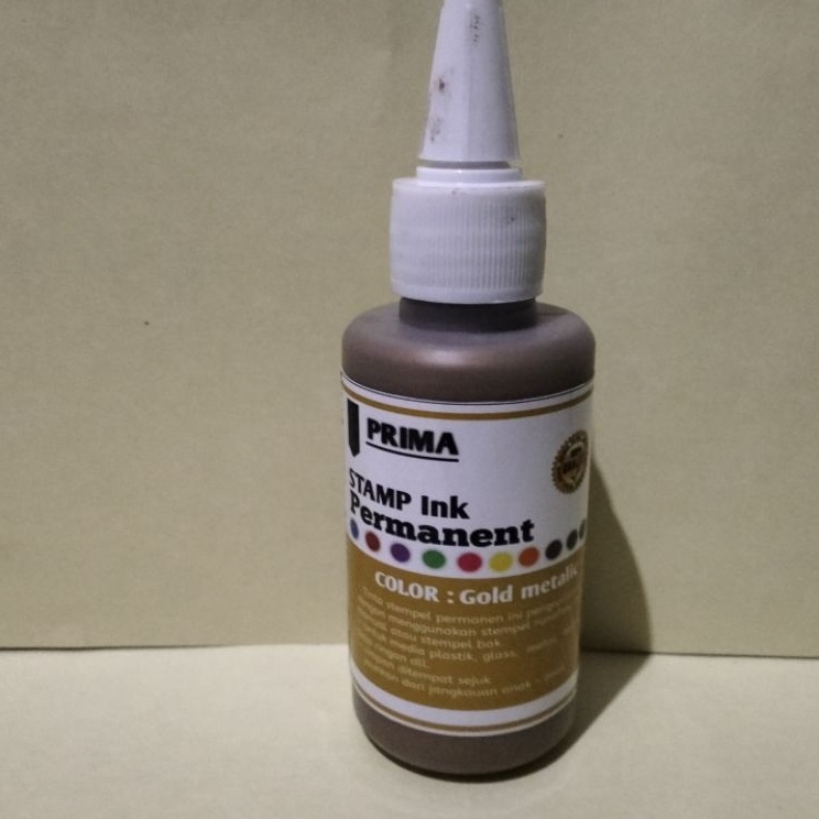

Tinta stempel permanen GoldEmas Metalik untuk media plastikglassmetal dll kemasan 1 ml