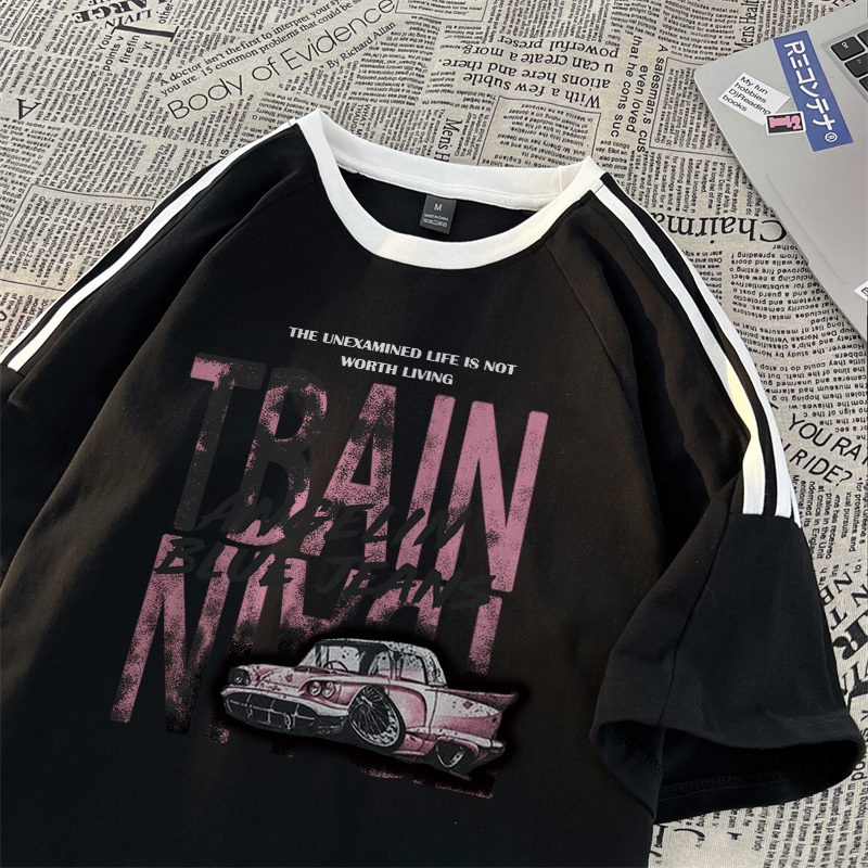 Po floret Kaos Wanita Atasan Lengan Hip Hop Street Car Baju Oversize Bergaris Bahu Korean Style Kaos