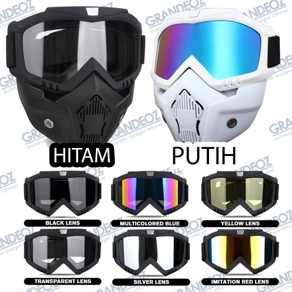 Goggles Kacamata + Masker Full Face Helm Hitam / Putih Goggle Mask Helem Gogle Gogles Gogel Ski Moto