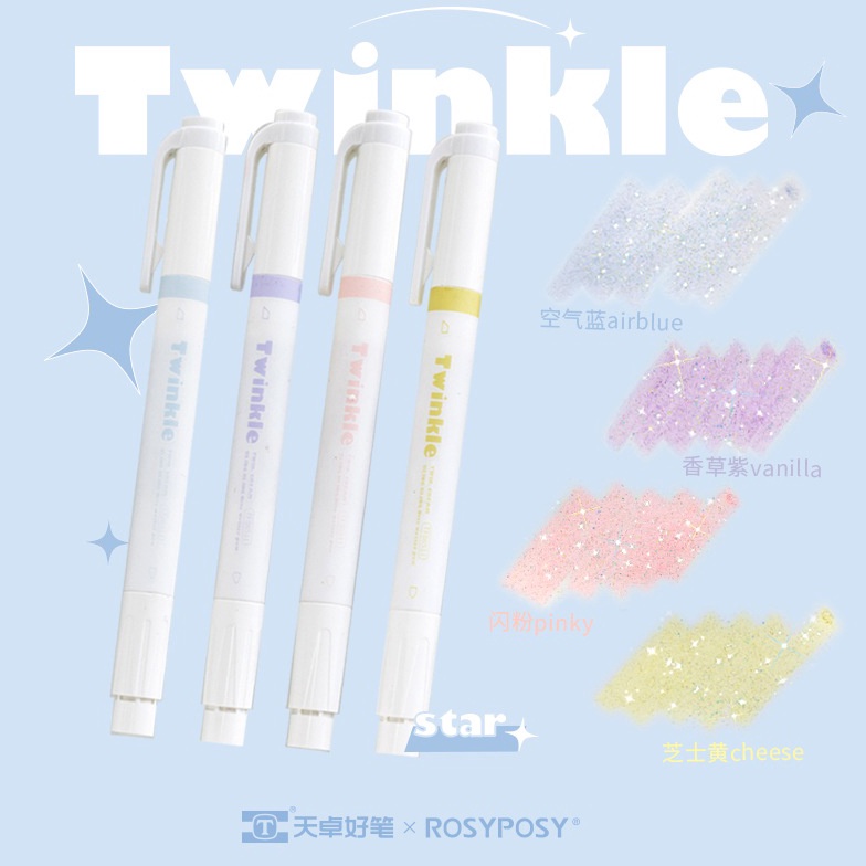 

KODE I17T ROSYPOSY TWINKLE GLITTER TWIN TIP HIGHLIGHTER PEN 4 COLORS