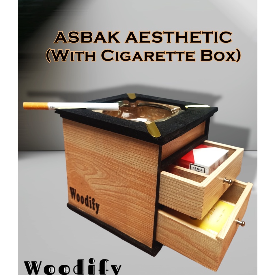 Laris Asbak Aesthetic Kaca Asbak Kayu Fullset Dengan Lemari Kayu Laci Tempat Korek