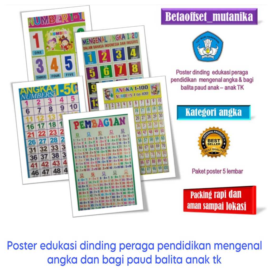 Poster dinding paket pendidikan belajar angka dan pembagian anak tk