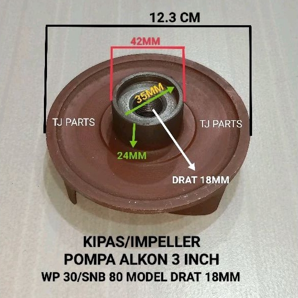 Kipas/Impeller Mesin Pompa Alkon 3Inch,WP 30/SNB 80 DRAT 18MM