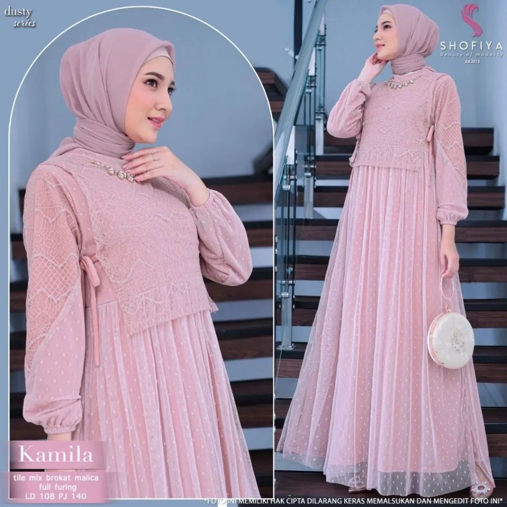 Kamila Dress Wanita Matt Tille Dot Full Furing Mix Brukat Malika Fashion Wanita Terbaru RC