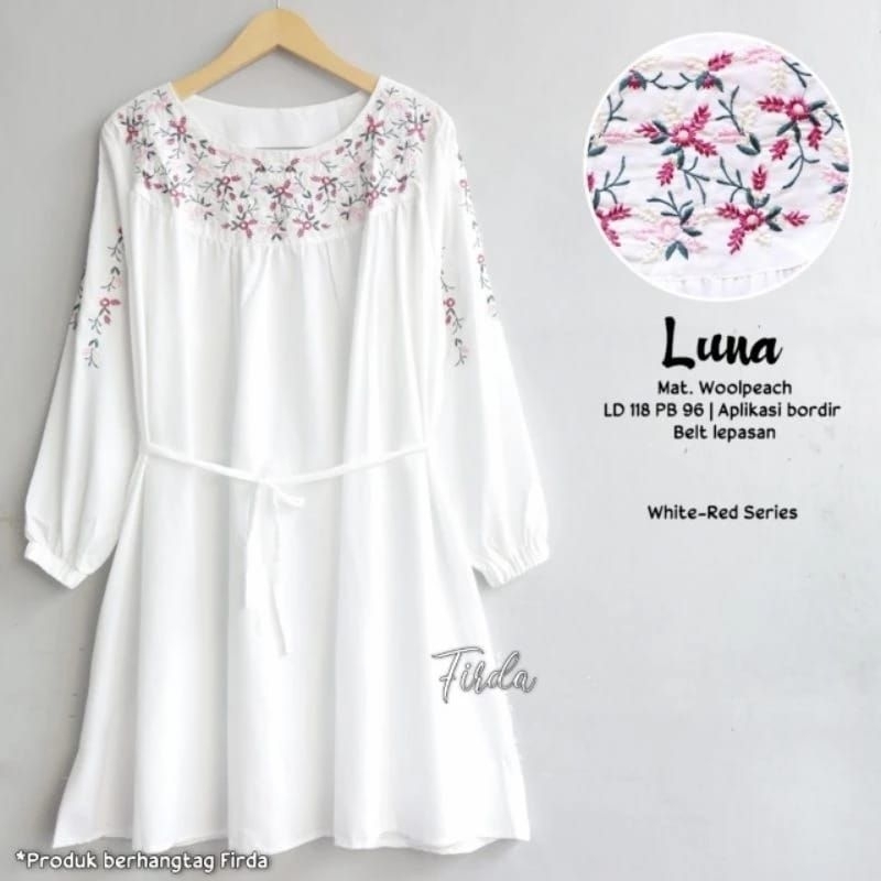 Tunik Putih Bordir Bunga premium wanita busui cantik Long Tunic kekinian Atasan Jumbo Luna firda