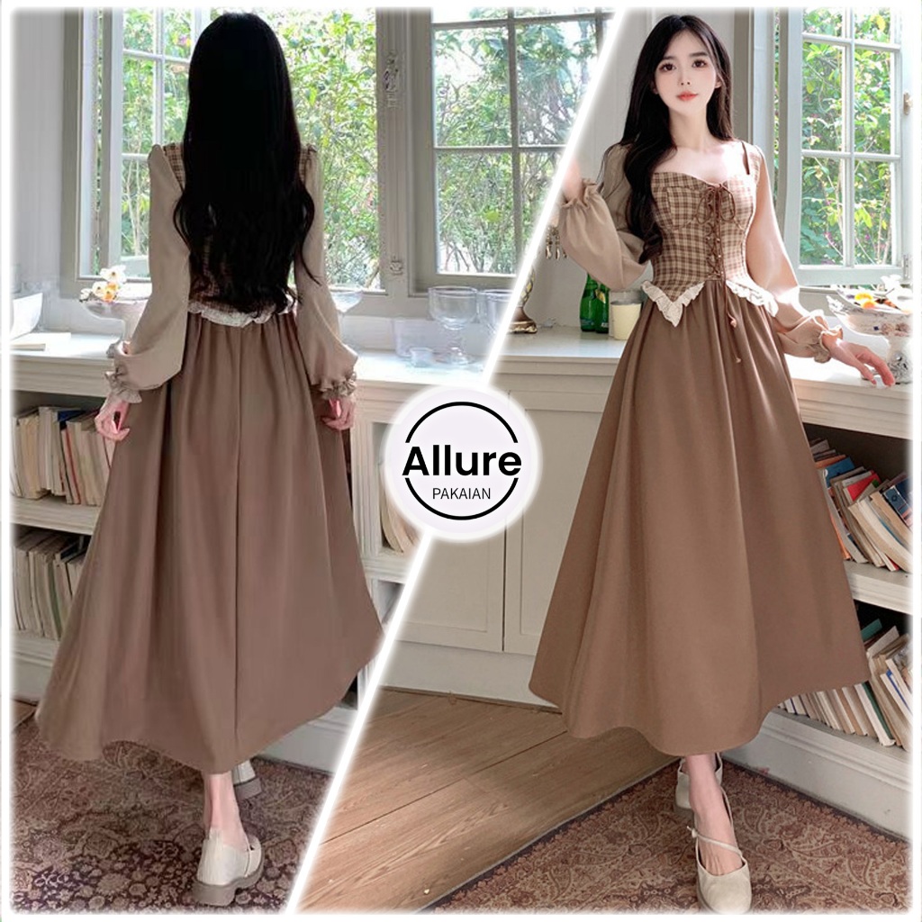 ALLURE PAKAIAN Dress Retro Perancis Style Gaun Kotak Coklat Vintage Lengan Panjang