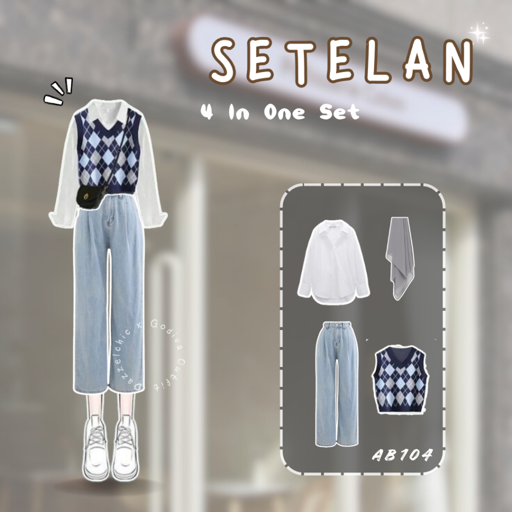 AB104 - Ootd One Set Cewek Remaja Terbaru | Outfit Korean Style Ootd Pantai Simple Hijab Friendly Ce