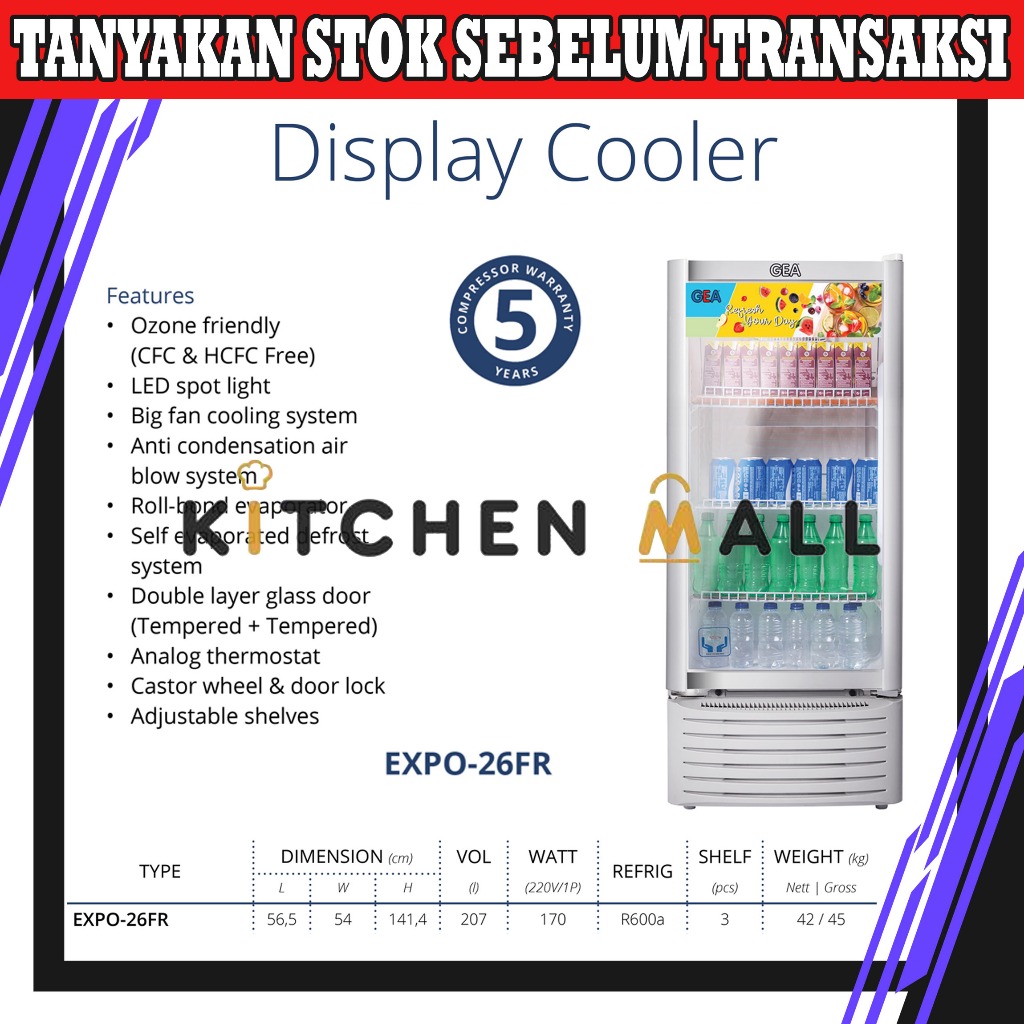 GEA EXPO-26FR Display Cooler / Showcase 1 Pintu / Kulkas Kaca Berdiri / Chiller / Kulkas Minuman Kac