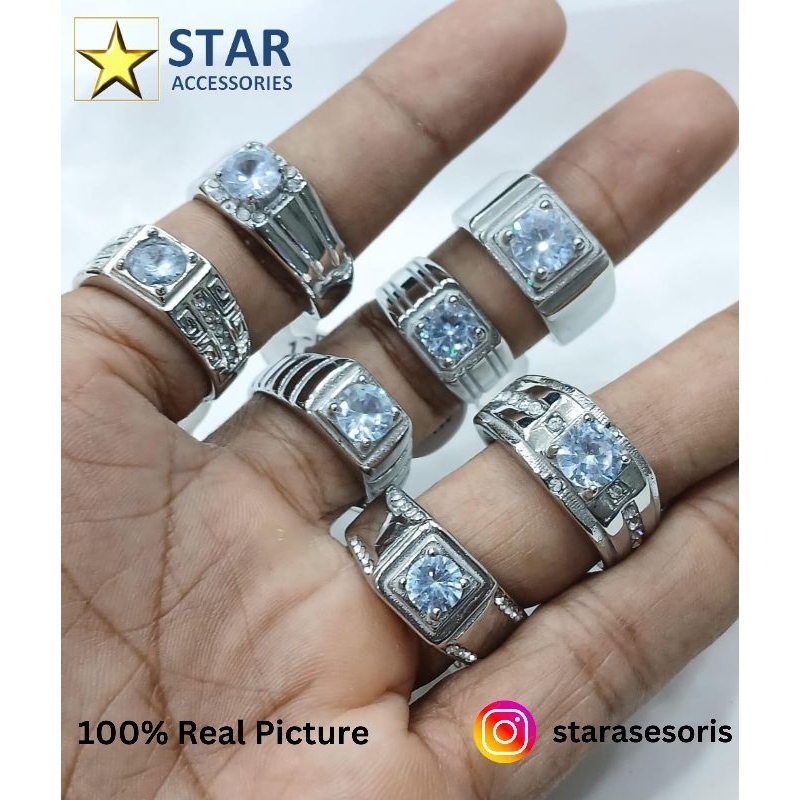 Cincin Titanium Batu Zircon Pria Cowok Silver Stainless Steel Titanium