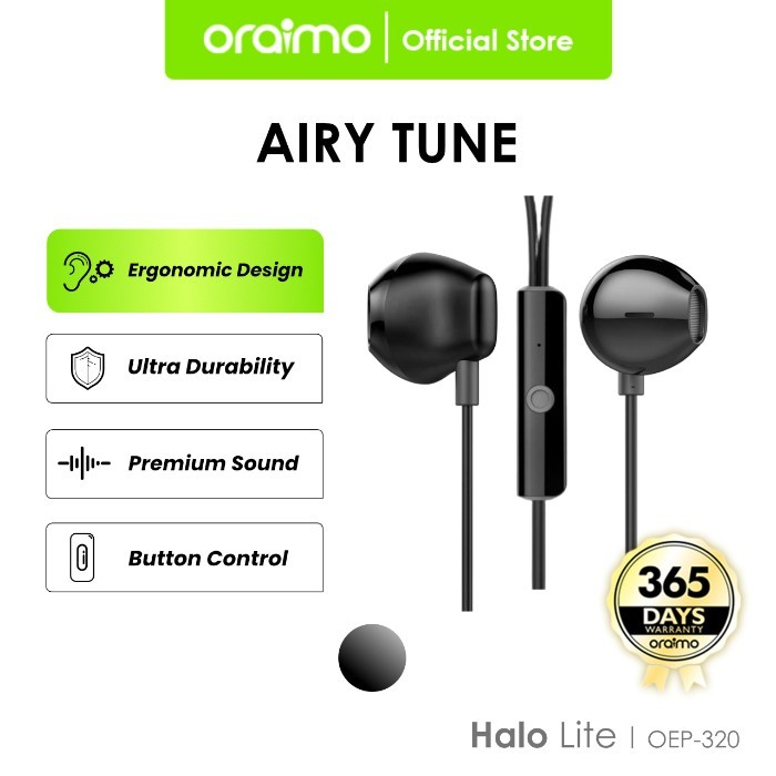 Oraimo Wired Earphone Airy Tune OEP-320 Semi In-Ear Headset Kabel Headphone Button Control Ergonomic