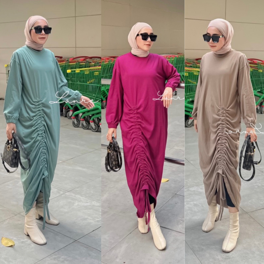 Senora Midi Dress Kerut Sebelah Bahan Kaos | gamis bahan kaos adem |Gamis bahan kaos | Gamis tunik w