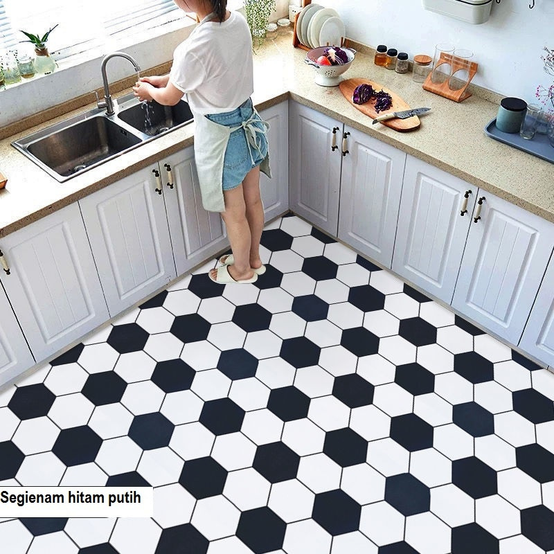 STIKER LANTAI MOTIF HITAM PUTIH SEGIENAM - Kamar Mandi Dapur Toilet Anti Slip PVC Tinggal Tempel