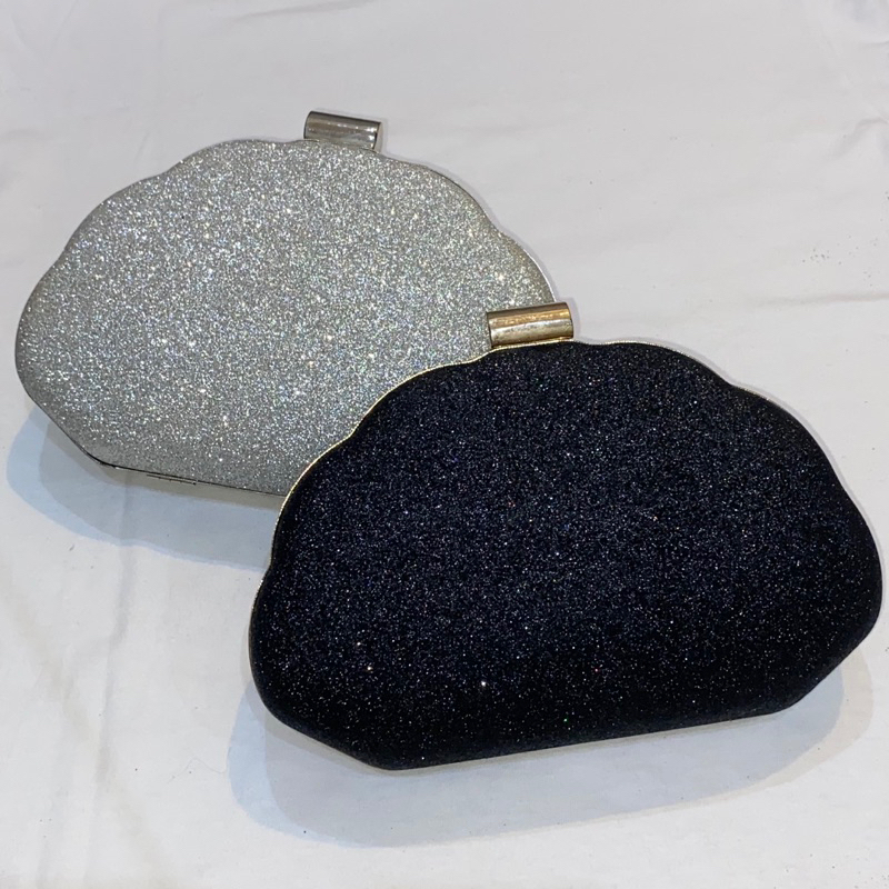 TAS PESTA MEWAH GLITTER RANTAI SELEMPANG HITAM PUTIH