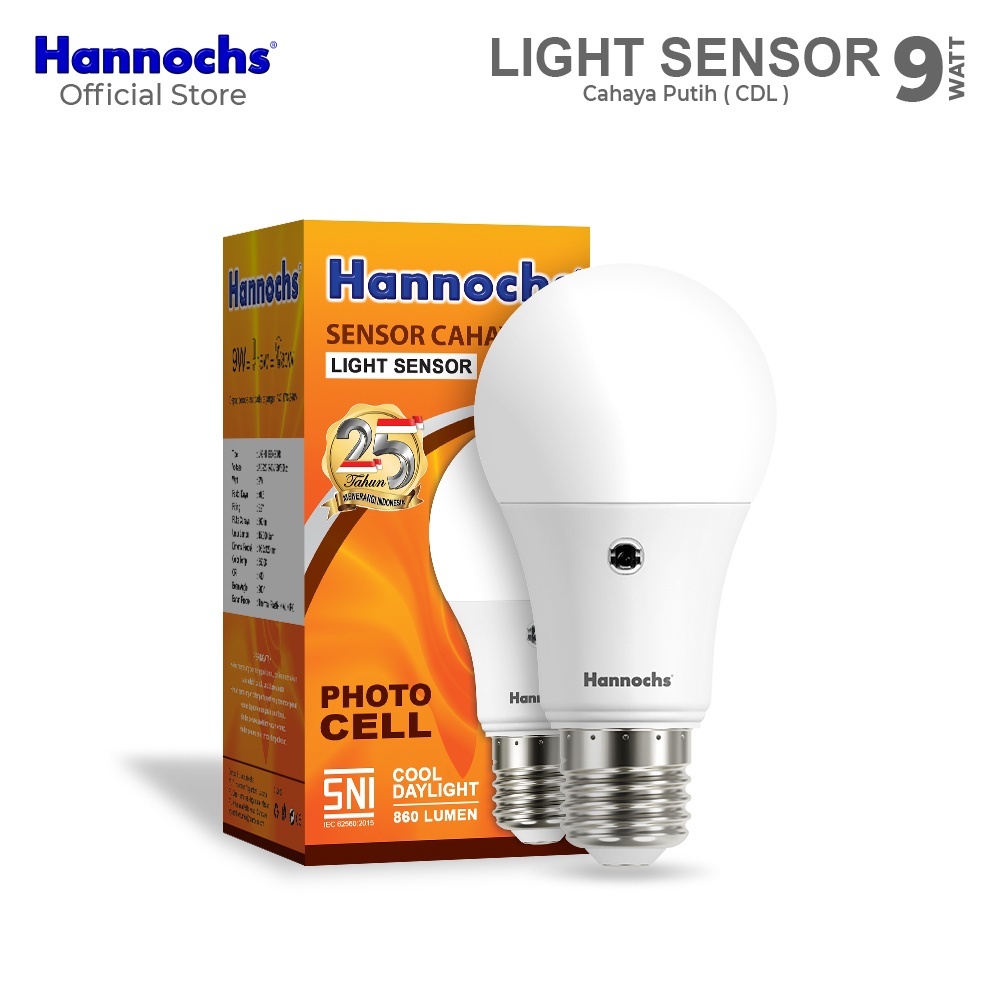 Lampu Bohlam LED Light Sensor Hannochs /Sensor Cahaya Hannochs 9W  Cahaya Putih