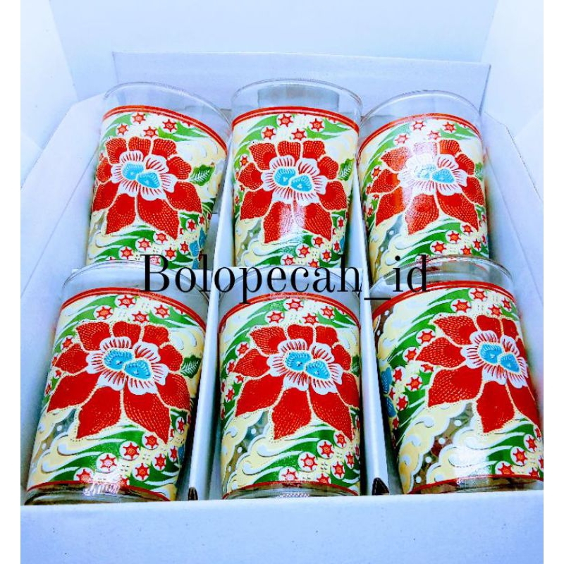 gelas kaca batik jogja series mawar merah (set isi 6)