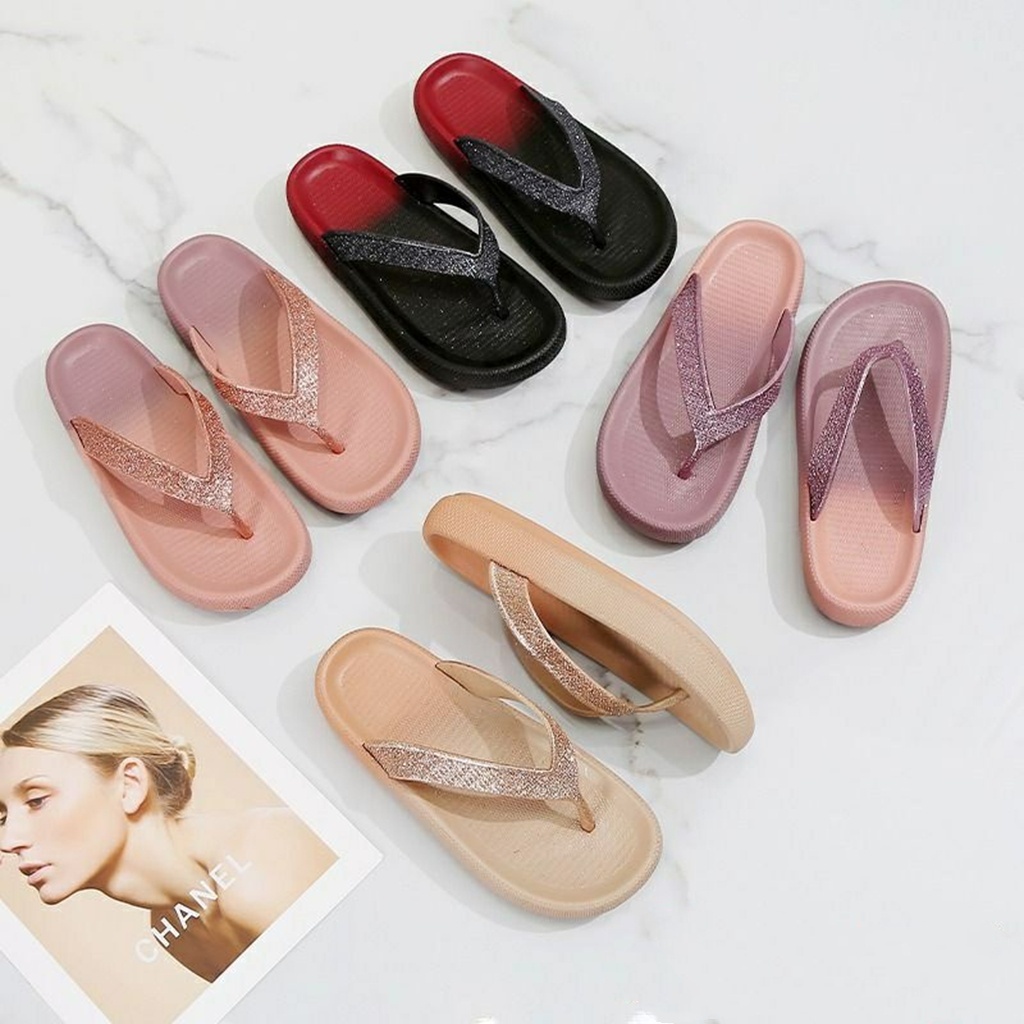 ATS Sandal Karet Jepit Wanita Glitter Mengkilap Sendal Jelly Fashion Wanita COD