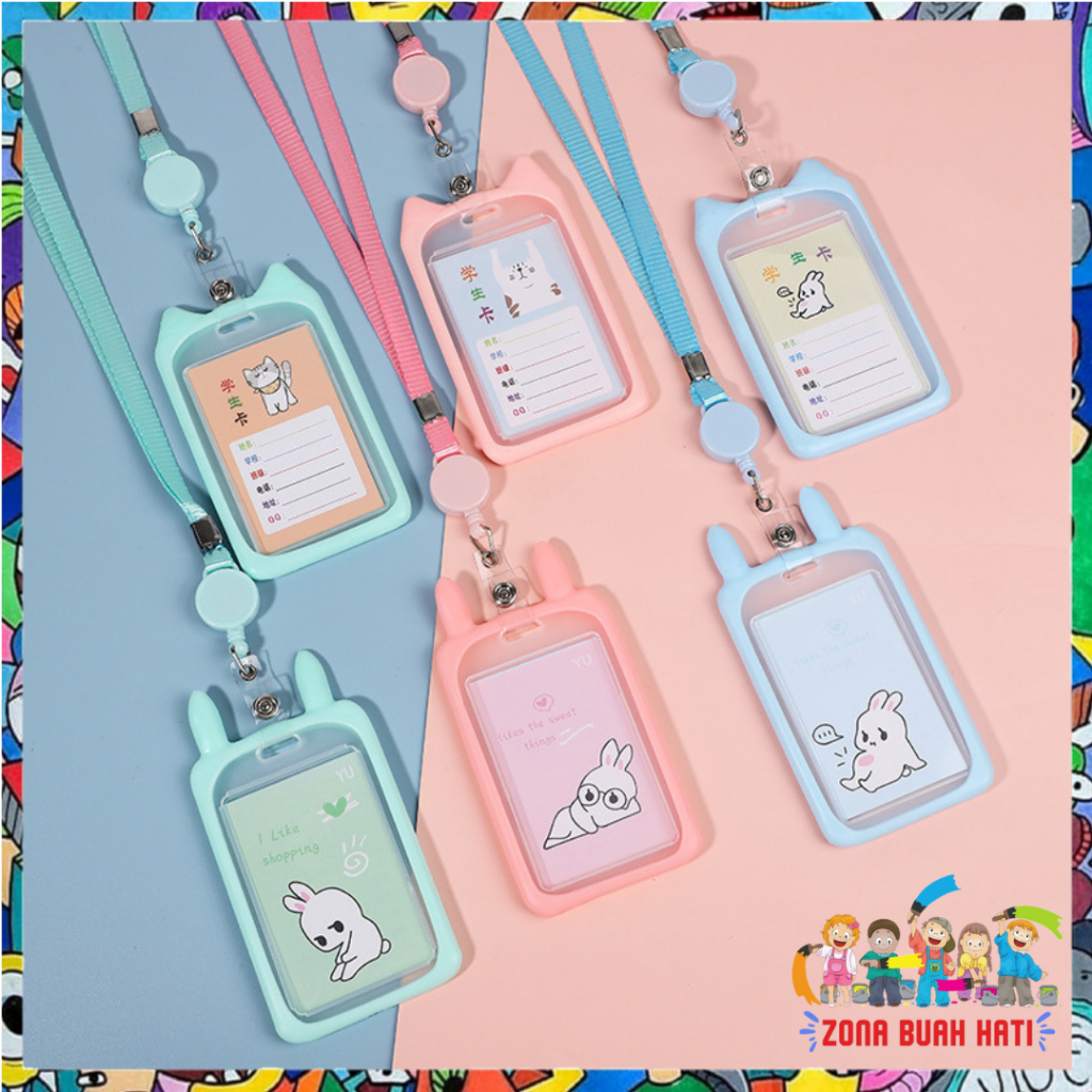 

ZBH Name Tag Lanyard Gantungan Kartu Motif Kucing Kelinci Akses MRT Busway E-Money Flazz BRIzi Bentuk Karakter Hewan Warna Pastel Lanyart Card Holder Id Card