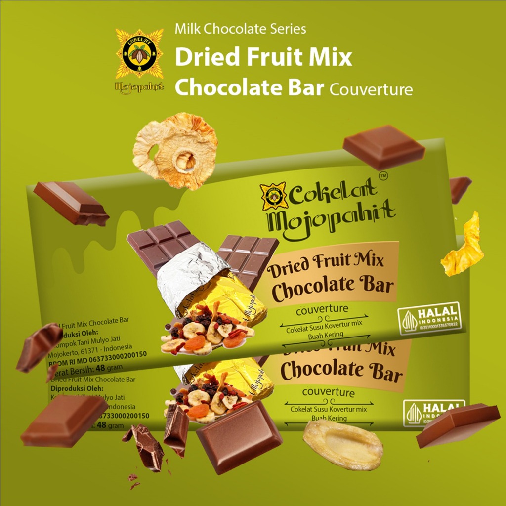 

COKELAT MOJOPAHIT I MILK CHOCOLATE SERIES 48 GR I FRUIT DRIED MIX CHOCOLATE BAR COUVERTURE