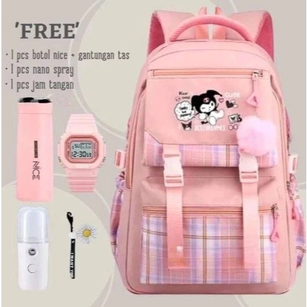 Tas Ransel Anak Perempuan Kuromi Bags Tas Sekolah Anak SD Free Botol Minum Nano Spray Jam