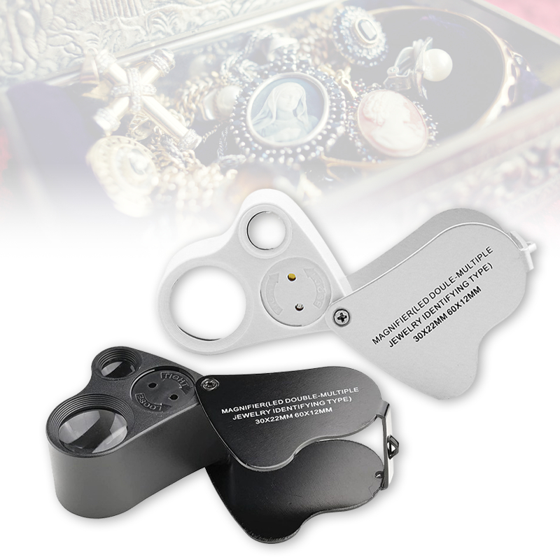 

Lup Kaca Pembesar Lipat 30X / 60X Kaca Pembesar LED Perhiasan 2 In 1