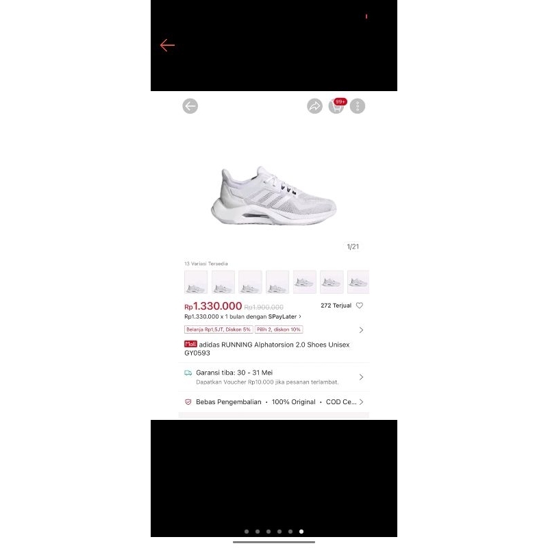 Sepatu Running Adidas Alphatorsion 2.0 white Second preloved