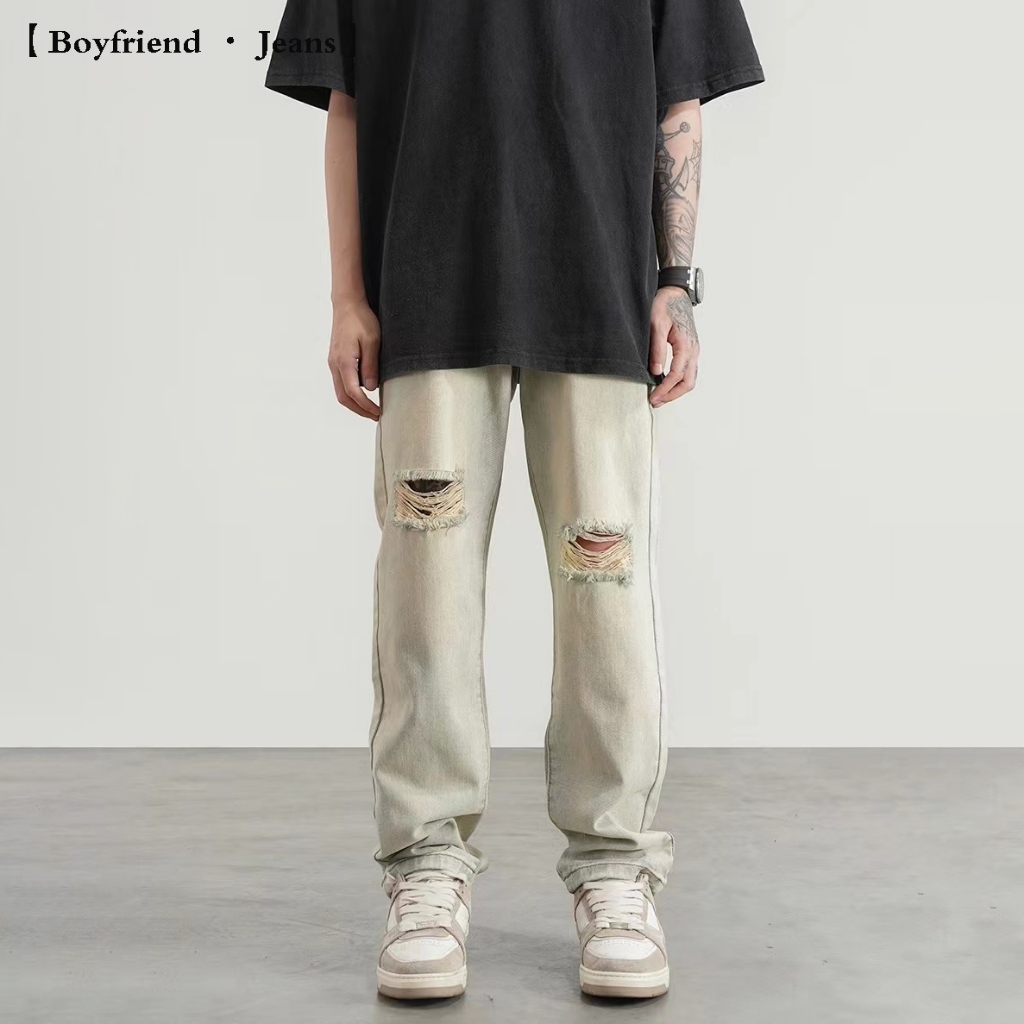 【Ada Stok】celana sobek jeans pria celana jeans panjang pria gaya korea baggy pants kulot jens