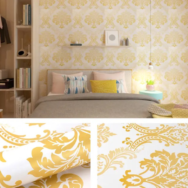 WALLPAPER DINDING Motif Putih Batik Emas