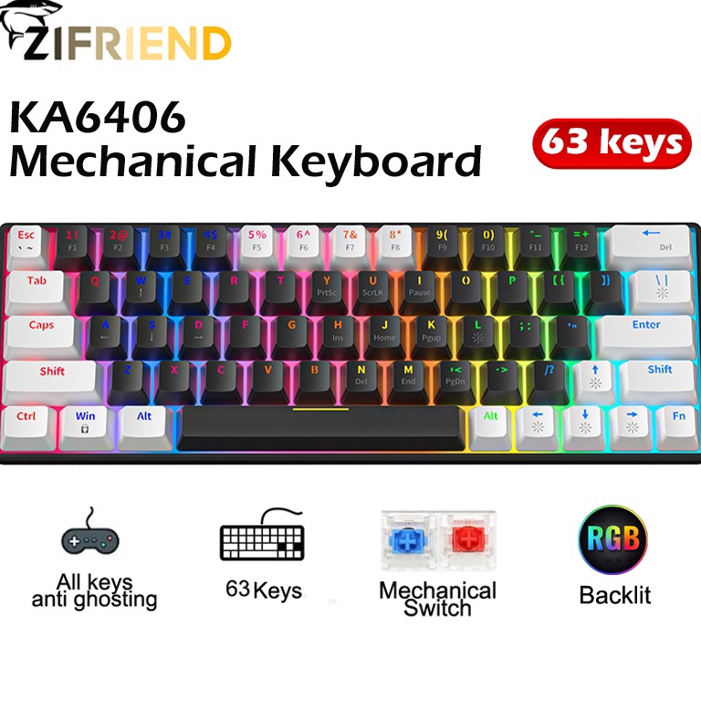 ZIFRIEND KA646 63 Keys RGB Backlit Wired Black Mechanical Keyboard KODE N8B9