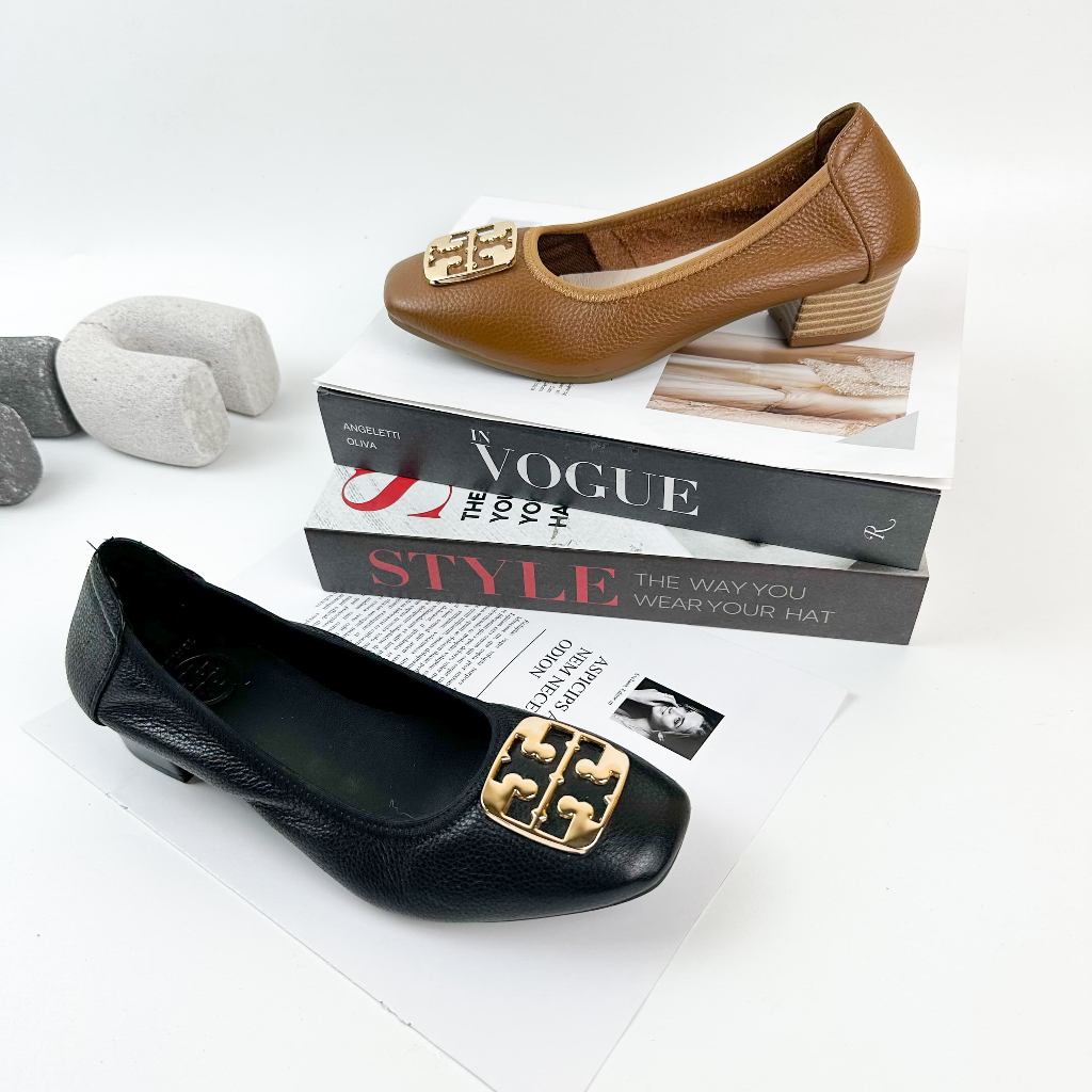 Sepatu wanita heels hak tahu 3cm kulit asli Tebe