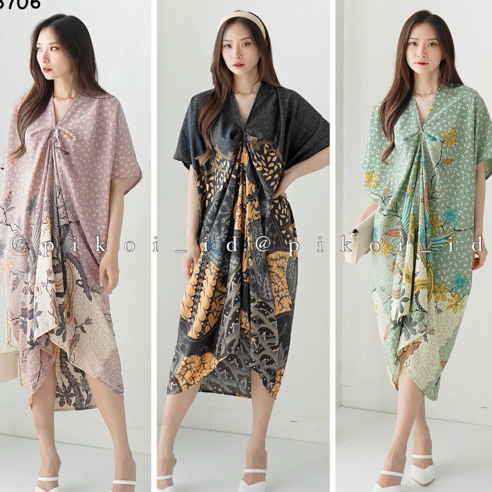 DISKON Kaftan Batik Dress Satin Dobby Putih Biru Ramadhan Lebaran  Kaftan Kondangan Couple Korea  27