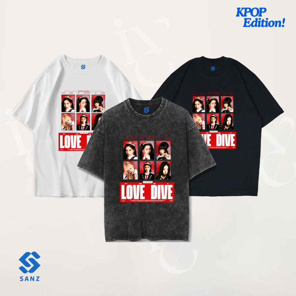 SANZ kaos kpop IVE oversize & slimfit stonewash washed tshirt black white longsleeve IVE-3