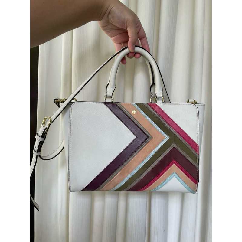 Tory Burch Robinson Multi Stripes Saffiano Leather Zip Tote Bag in New Ivory - Preloved VVGC 100% Au