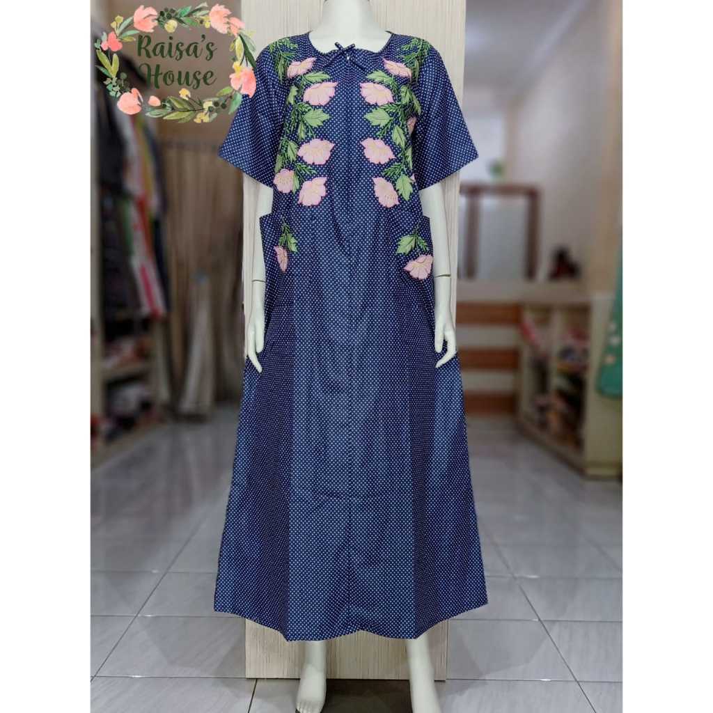 DASTER LONGDRESS BORDIR KHAS MALANG - LENGAN PANJANG | NAVY - POLKA