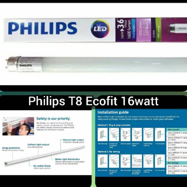 Lampu TL Neon Philips LED Tube Ecofit T8 16watt 16 watt 16w  12mm 12cm