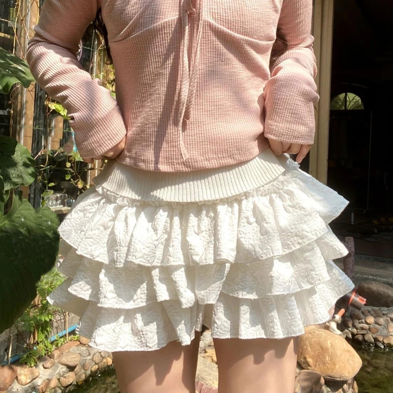 Kawaii Ruffle Skirt Shorts Women Lolita Layered Skirts Cutecore Patchwork Sweet Casual Coquette Japa