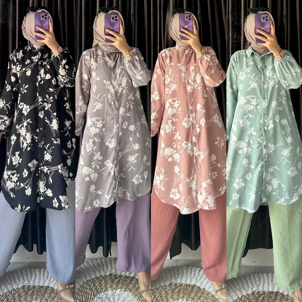 TUNIK SET CELANA TUNIK WANITA MOTIF BUNGA PANJANG MUSLIM JUMBO