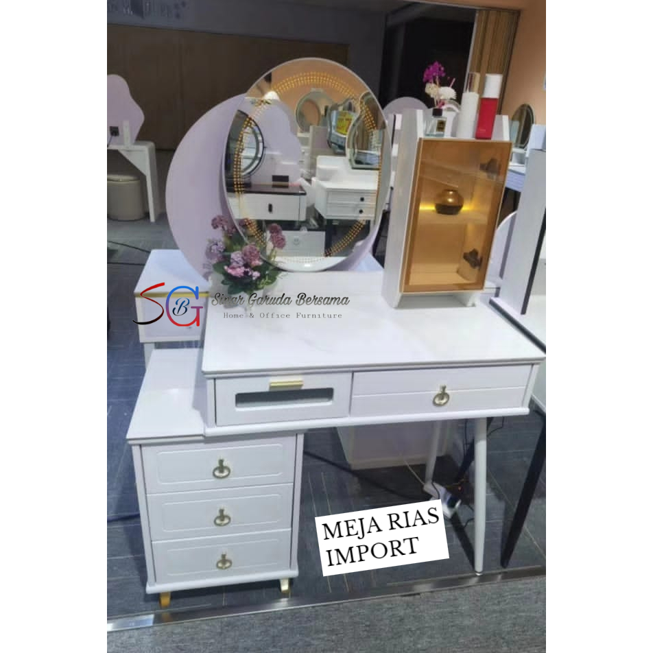 MEJA RIAS IMPORT WARNA PUTIH CLASSIC KACA BULAT RAK LACI LACI YANG BANYAK / MEJA RIAS KEKINIAN MEWAH