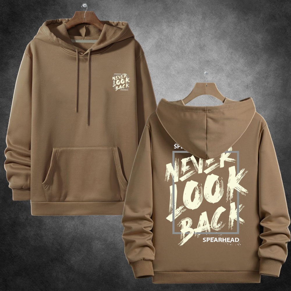 SWEATER COWOK KEREN KEKINIAN MOTIF NEVER LOOK BACK HOODIE PRIA WARNA HITAM MOKA CREAM ABU TUA MISTY 