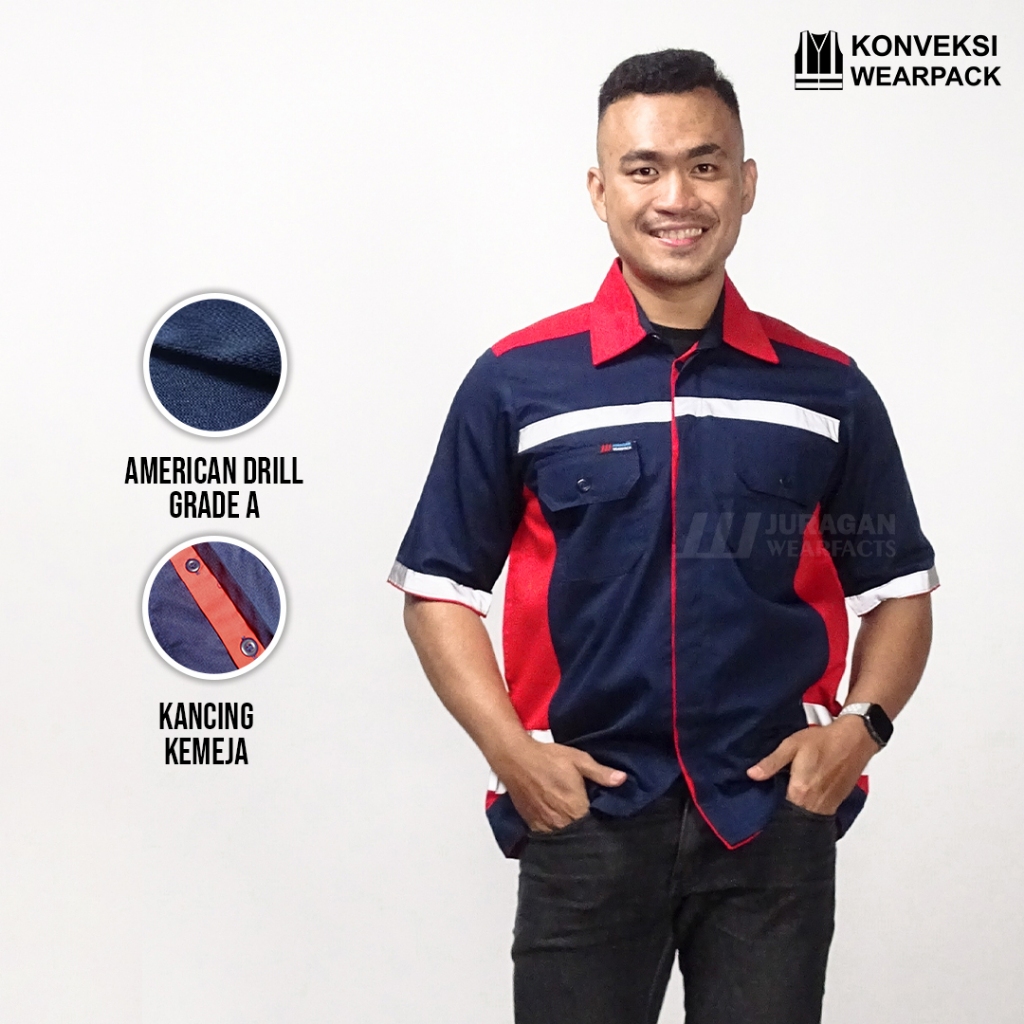 Wearpack Kerja Lengan Pendek Warna Merah Kombinasi Biru Navy